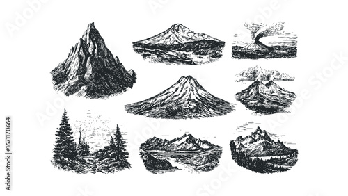 Collection of vintage style mountain and volcano landscape engravings. Vector hand drawn illustration