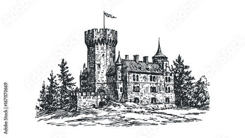 Sketch of a historic stone castle with a tall tower and surrounding trees. Vector hand drawn illustration