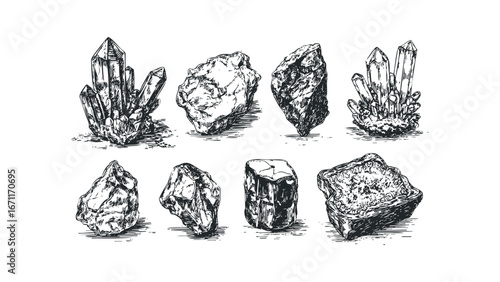 Collection of Diverse Mineral Specimens Hand Drawn Sketch. Vector hand drawn illustration