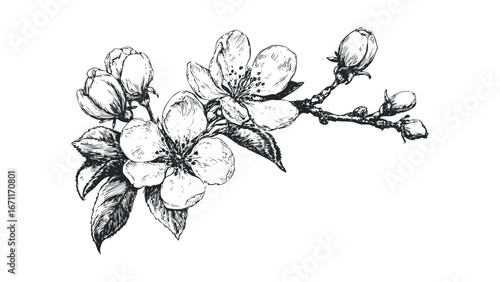 Detailed ink sketch of blossoming apple tree branch with open flowers and buds. Vector hand drawn illustration