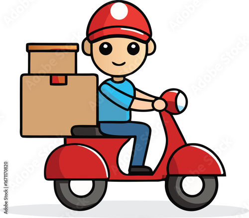 cartoon delivery boy riding scooter with parcels vector
