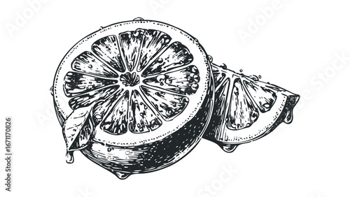 Sketch of Juicy Citrus Fruit Slices with Droplets. Vector hand drawn illustration