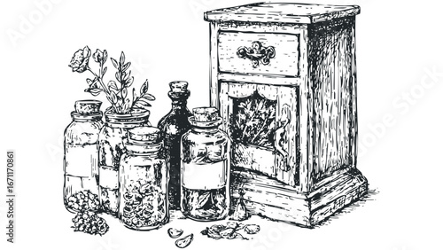 Antique apothecary cabinet with glass vials containing herbs and a blooming plant. Vector hand drawn illustration