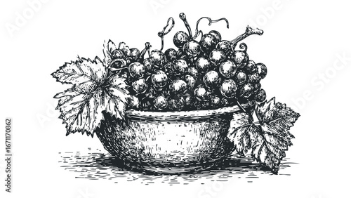 Ink sketch of ripe grapes in a wooden bowl with vine leaves. Vector hand drawn illustration