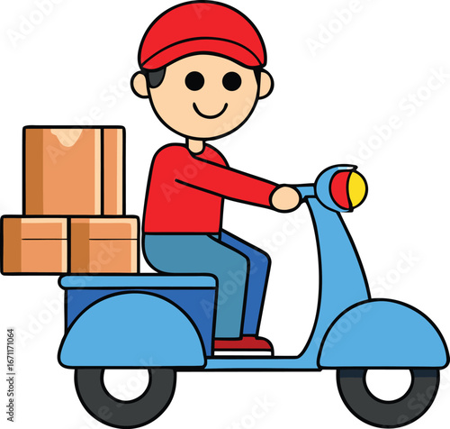 cartoon delivery boy riding scooter with parcels vector