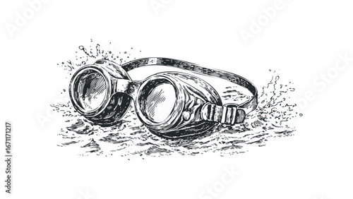 Vintage goggles emerging from splashing water in a hand-drawn style. Vector hand drawn illustration