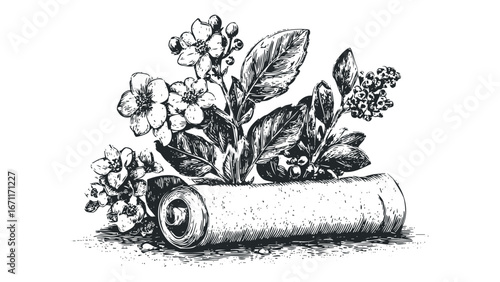 Pencil sketch of flourishing flora emerging from a cylindrical object. Vector hand drawn illustration