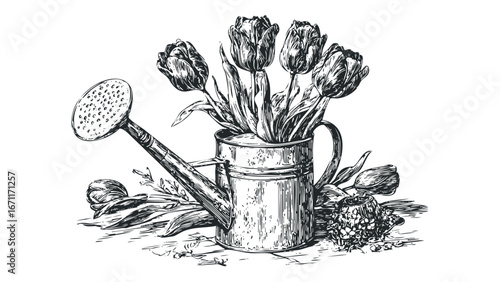 Still life with watering can and tulips. Vector hand drawn illustration