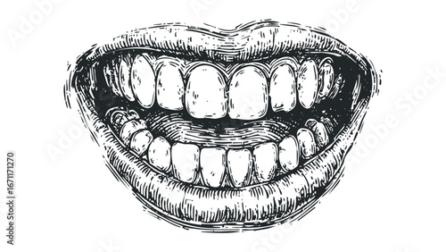 Close-up of an open mouth with a wide smile and exposed teeth. Vector hand drawn illustration