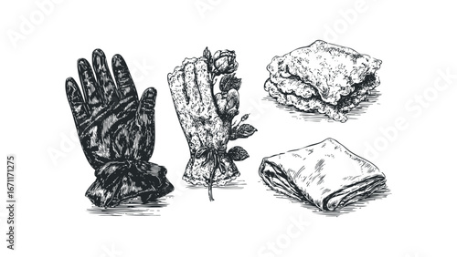 Vintage Glove, Lace Glove with Flowers, and Folded Fabric Illustration. Vector hand drawn illustration