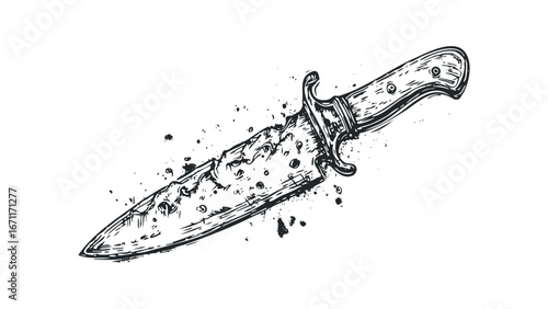 Hand-drawn sketch of a vintage knife with distressed blade and textured handle. Vector hand drawn illustration