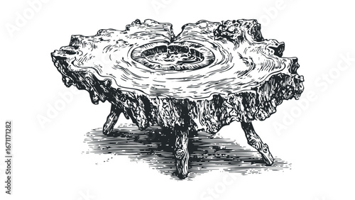 Roughly hewn wood stump table with three legs. Vector hand drawn illustration