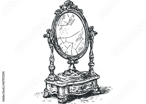 Antique ornate oval tabletop mirror with cracked glass surface. Vector hand drawn illustration