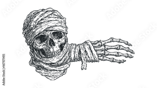 Ancient Mummy Head and Bony Hand Fragment in Linocut Style. Vector hand drawn illustration