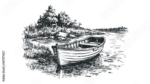 Empty Rowboat Moored Beside Reedy Shoreline with Trees in Background. Vector hand drawn illustration