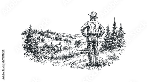 Man in cowboy hat surveys a rural homestead with distant rolling hills. Vector hand drawn illustration