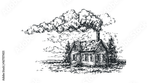 Rustic cabin with chimney smoke drifts across a cloudy sky. Vector hand drawn illustration