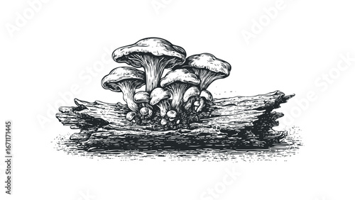 Woodland Fungus Cluster on Rough Bark Surface. Vector hand drawn illustration