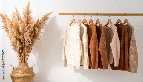 Autumnal Cozy Wardrobe Display: A curated display of warm-toned sweaters hanging on wooden hangers, complemented by a vase of dried ornamental grass, evokes the season's comfort and style.