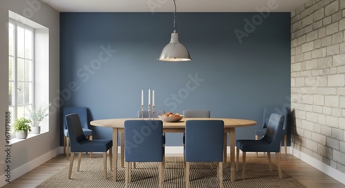 Modern Dining Room Interior with Blue Accent Wall and Wooden Table.