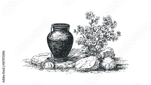 Black and White Sketch of an Ancient Earthen Pot and Blooming Plant on Rocks. Vector hand drawn illustration