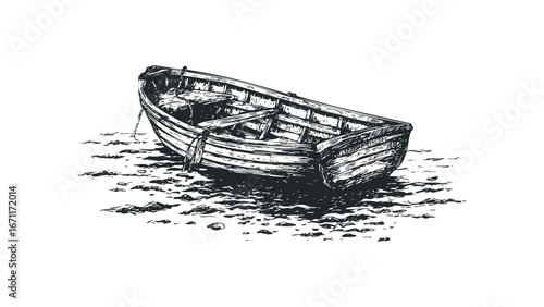Detailed Sketch of an Old Wooden Rowboat Resting on a Sandy Shore. Vector hand drawn illustration
