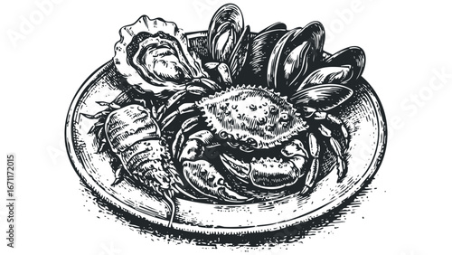 Detailed sketch of assorted seafood platter with crab and mussels on white background. Vector hand drawn illustration