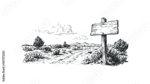 Sketch of a wooden signpost beside a dirt road in a dry landscape. Vector hand drawn illustration
