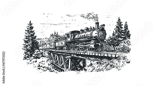 Vintage steam locomotive travels across a high wooden railway bridge. Vector hand drawn illustration