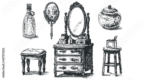 Vintage vanity set including dressing table, stools, bottles, and jars. Vector hand drawn illustration
