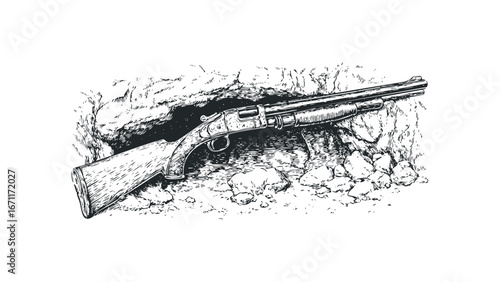 Antique Rifle Resting on Rocky Ground Inside Cave Entrance. Vector hand drawn illustration