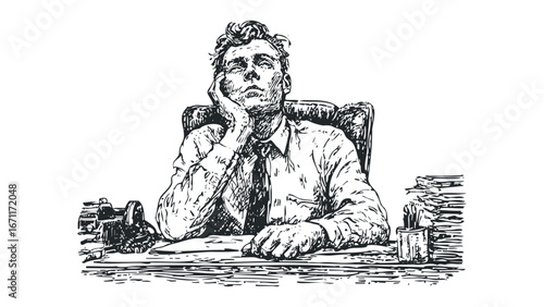 Man in suit sitting at desk with head in hand appearing bored or thoughtful. Vector hand drawn illustration