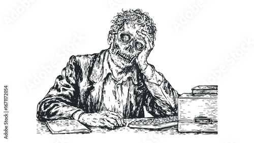 Emaciated Skeleton Man with Dead Eyes Holding Head in Despair at Desk with Keyboard. Vector hand drawn illustration