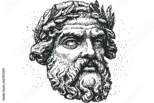 Monochromatic Sketch of Ancient Man's Head with Laurel Wreath and Textured Detail. Vector hand drawn illustration