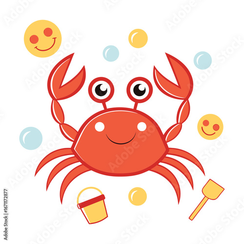 happy cartoon crab with bucket and shovel illustration