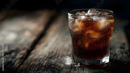 Wallpaper Mural Cold cola with ice cubes in a glass on a rustic wooden surface Torontodigital.ca