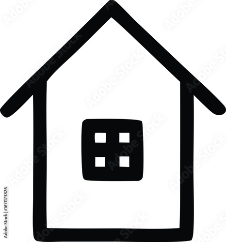 Simple hand-drawn house icon with a square window offering a cozy and welcoming aesthetic for various design projects.