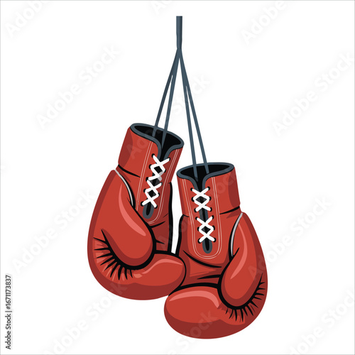 pair of red boxing gloves hanging from chains vector art isolated on white background