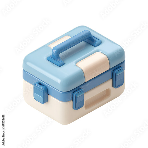 Light-blue and cream-colored, rectangular, compact, storage box with handle