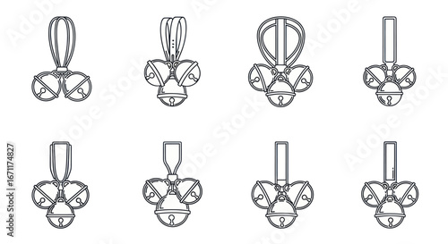 Collection of holiday jingle bell ornaments with ribbon hangers line art design