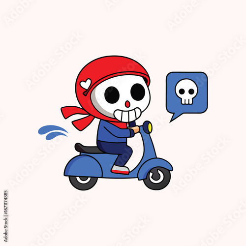 Cartoon Skeleton on Scooter – Cute Biker Illustration with Speech Bubble
