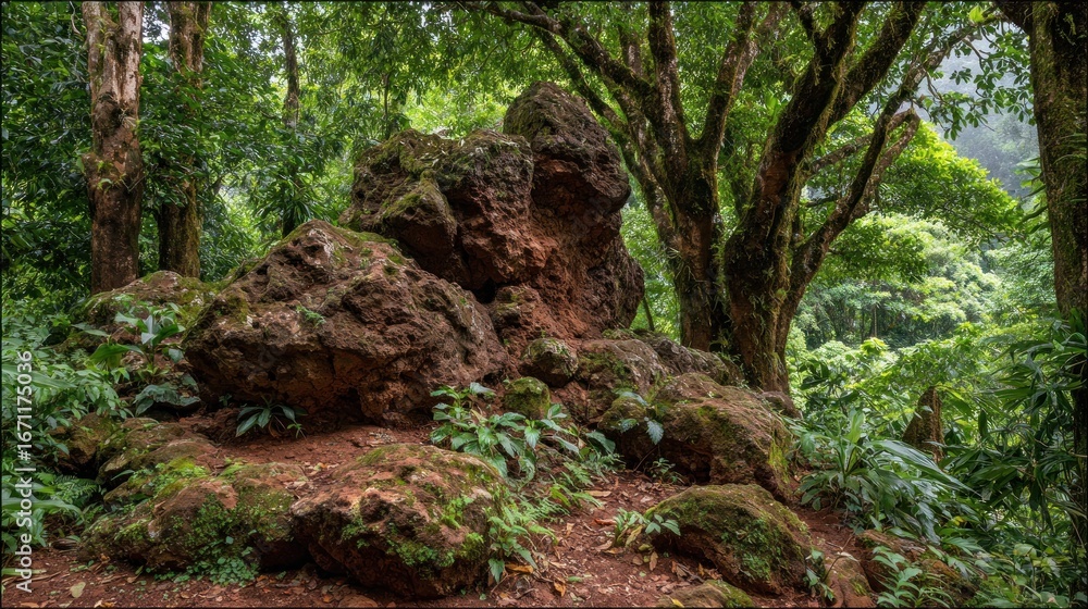 Obraz premium Rainforest rocks and lush foliage