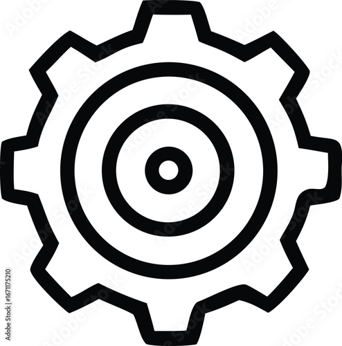 Black and white line art icon of a gear wheel with concentric circles representing a mechanical engineering or industry concept