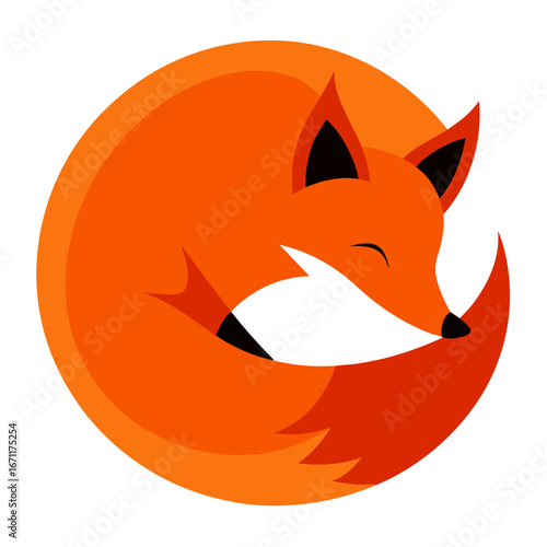 Stylized illustration of a sleeping fox curled up in a circle with its tail covering its face