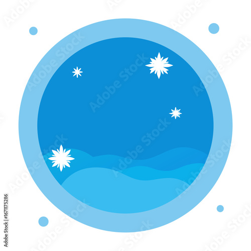Stylized illustration of a round window or porthole looking out at a blue ocean with waves and white stars