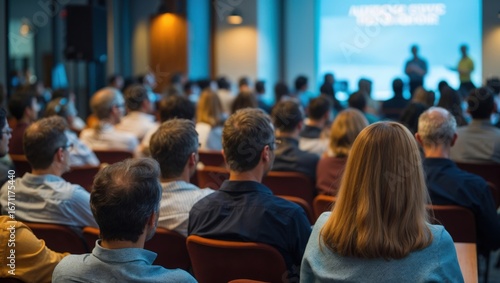 Rear view of blurred audience listens lecturer at public company workshop. Corporate professional coaching, academic convention concept