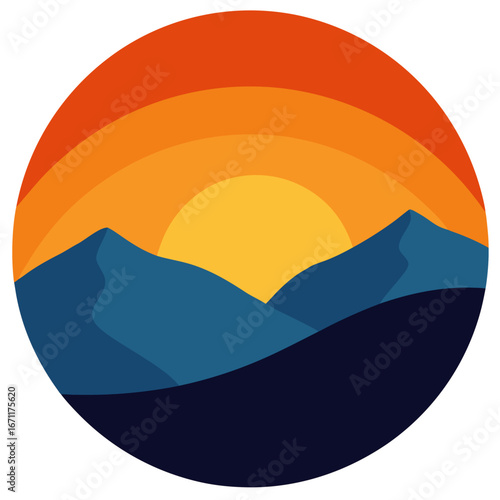 Stylized circular landscape with layered mountains and a vibrant sunset with warm orange and yellow hues