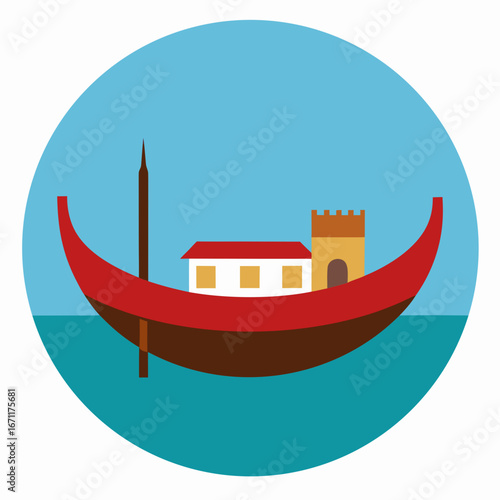 Stylized flat design illustration of a venetian gondola with a building and tower on the water