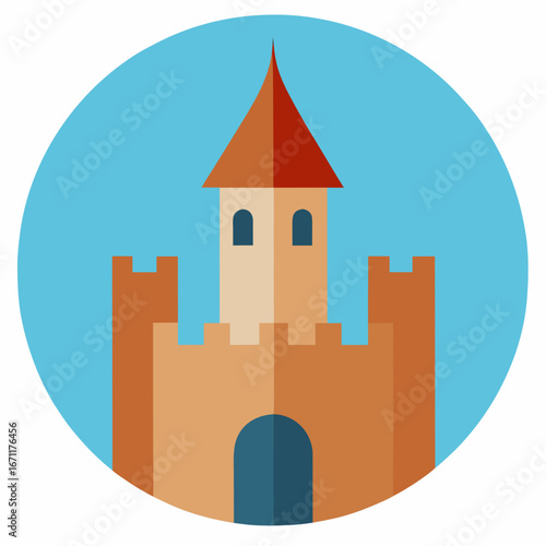 Flat design illustration of a medieval castle with a tall conical roof and battlements against a clear blue sky
