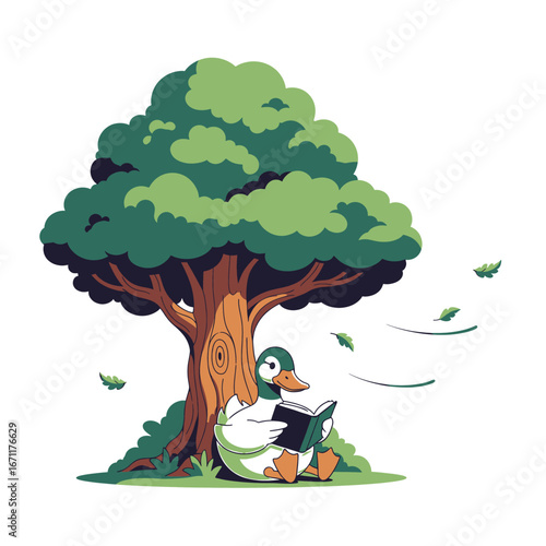 Duck reading book under tree whimsical style peaceful scene nature reading high quality professional